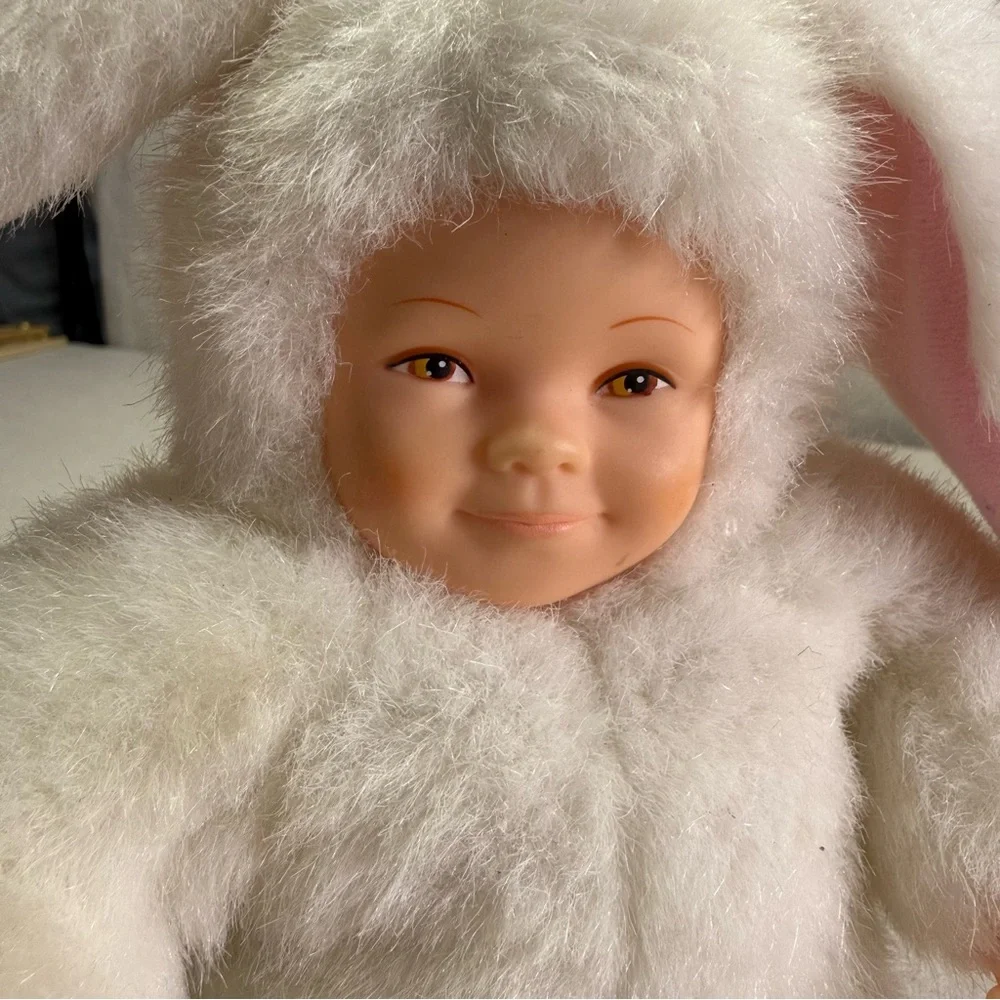 Vintage Anne Geddes Baby Bunnies White Bunny Plush Beanie Soft Toy Doll 1997